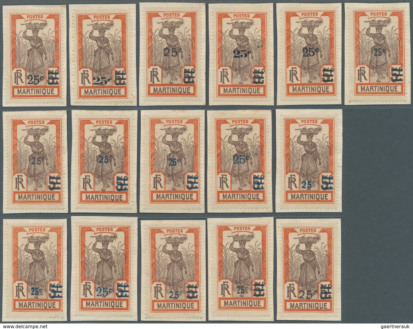 Martinique: 1924, Revaluation Overprints, 25c. On 5fr. Orange/brown "Sugarcane Harvest", Group Of 16 - Other & Unclassified