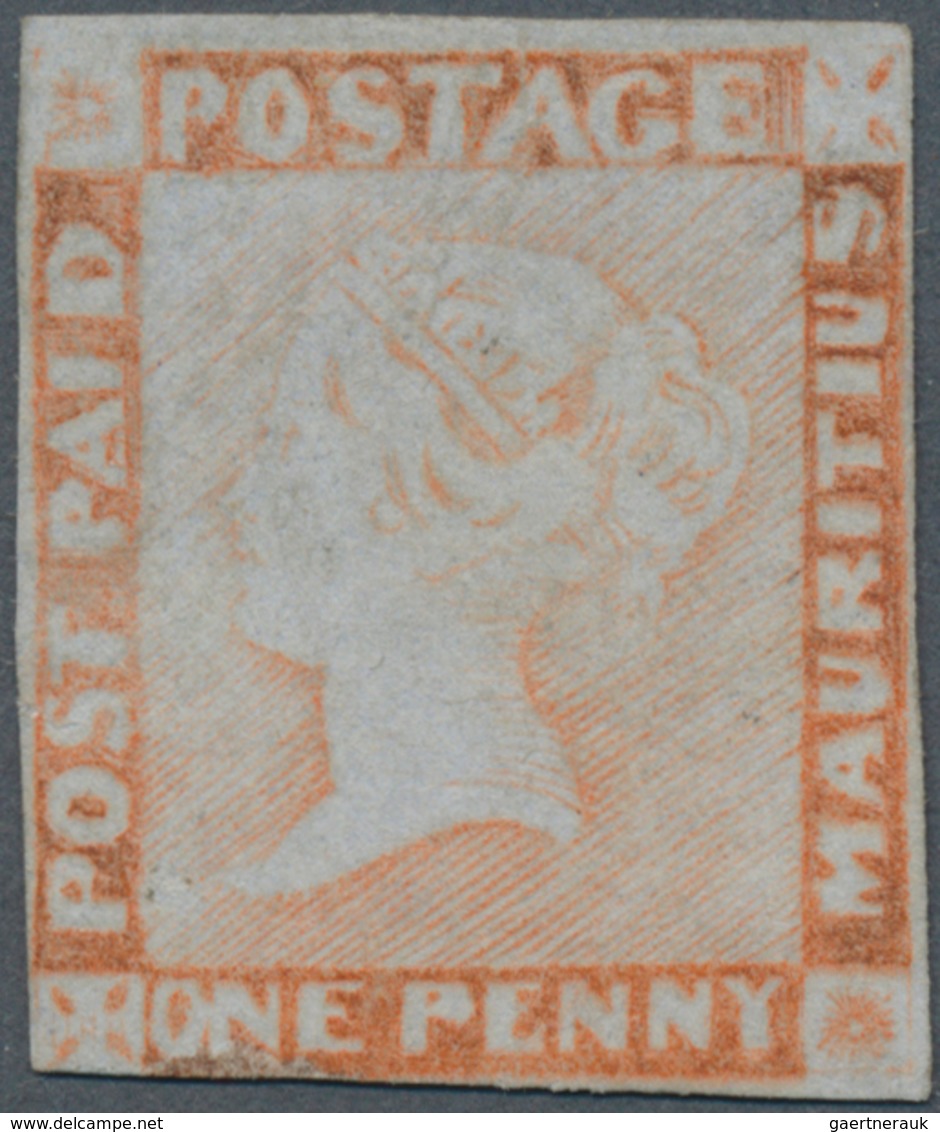 Mauritius: 1848-59 1d. Red On Bluish Paper, Unused Without Gum, Almost Complete Margins Except A Sli - Mauricio (...-1967)