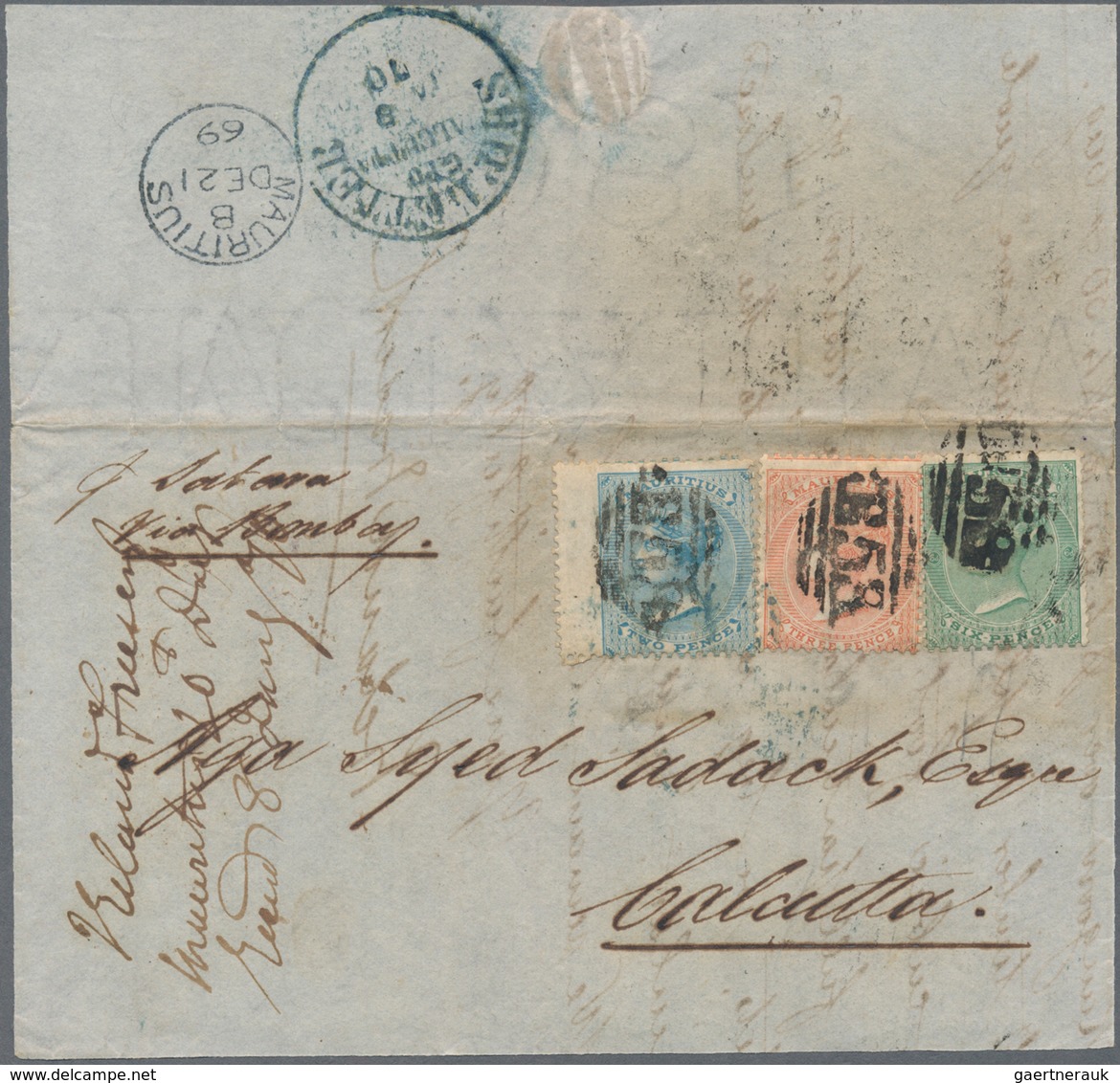 Mauritius: 1869, 2d. Pale Blue, 3d. Dull Red And 6d. Blue-green, All Fresh Colour And Well Perforate - Mauritius (...-1967)
