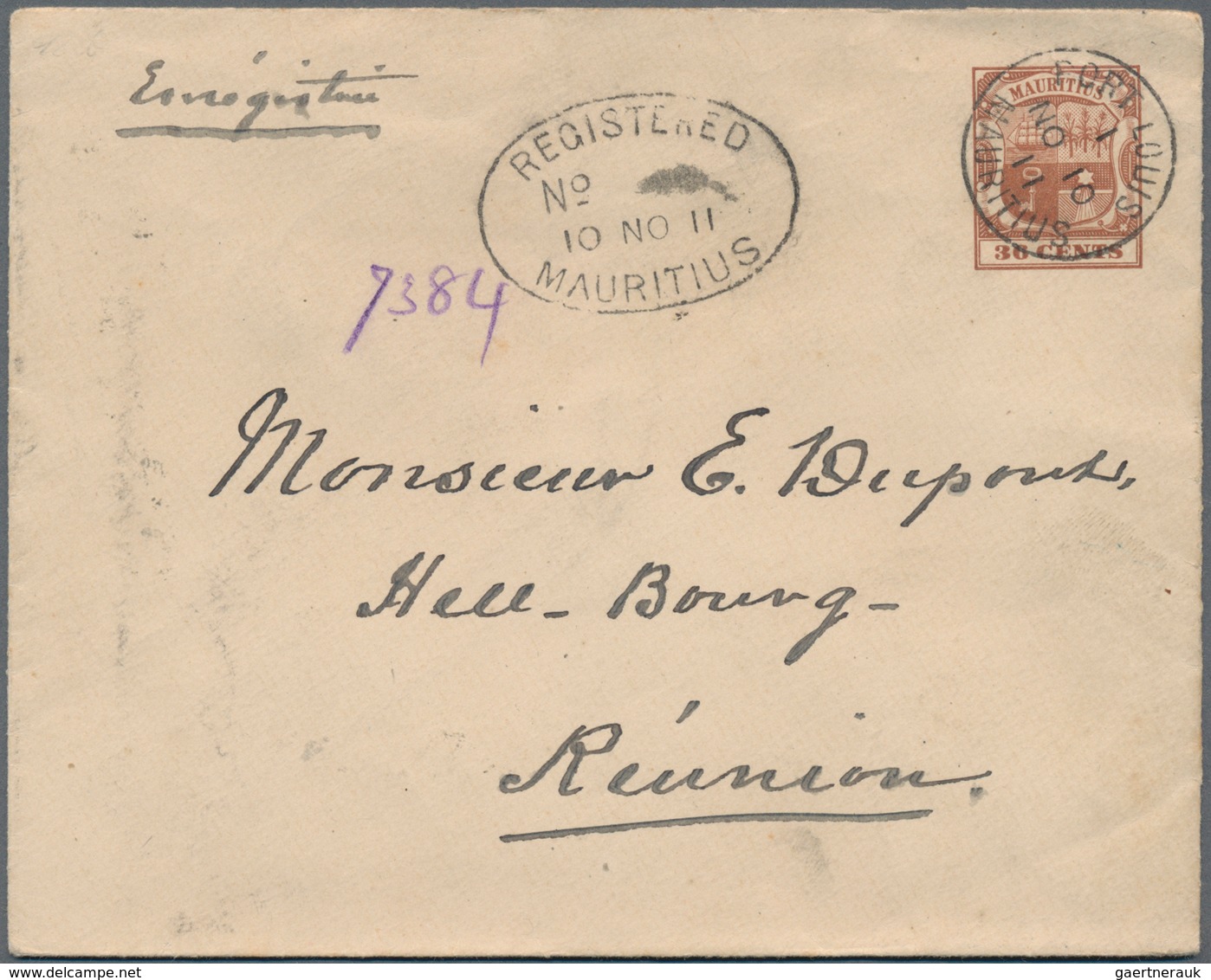 Mauritius: 1911 (10.11.), Stat. Envelope 'coat Of Arms' 36c. Brown Commercially Registered Usage Fro - Mauritius (...-1967)