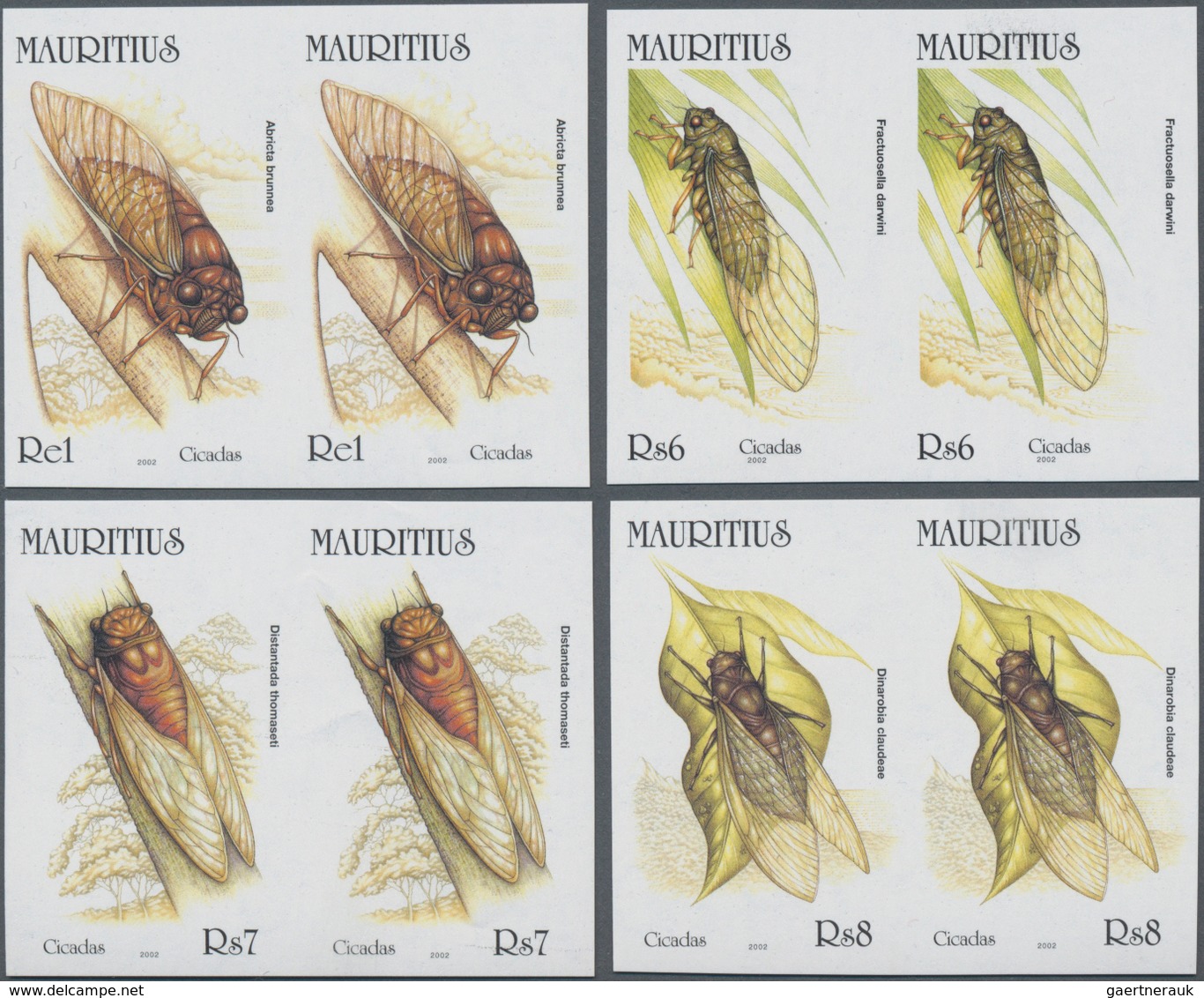 Mauritius: 2002, Cicadas Complete Set Of Four In Horizontal IMPERFORATE Pairs And The Imperforate Mi - Mauritius (...-1967)