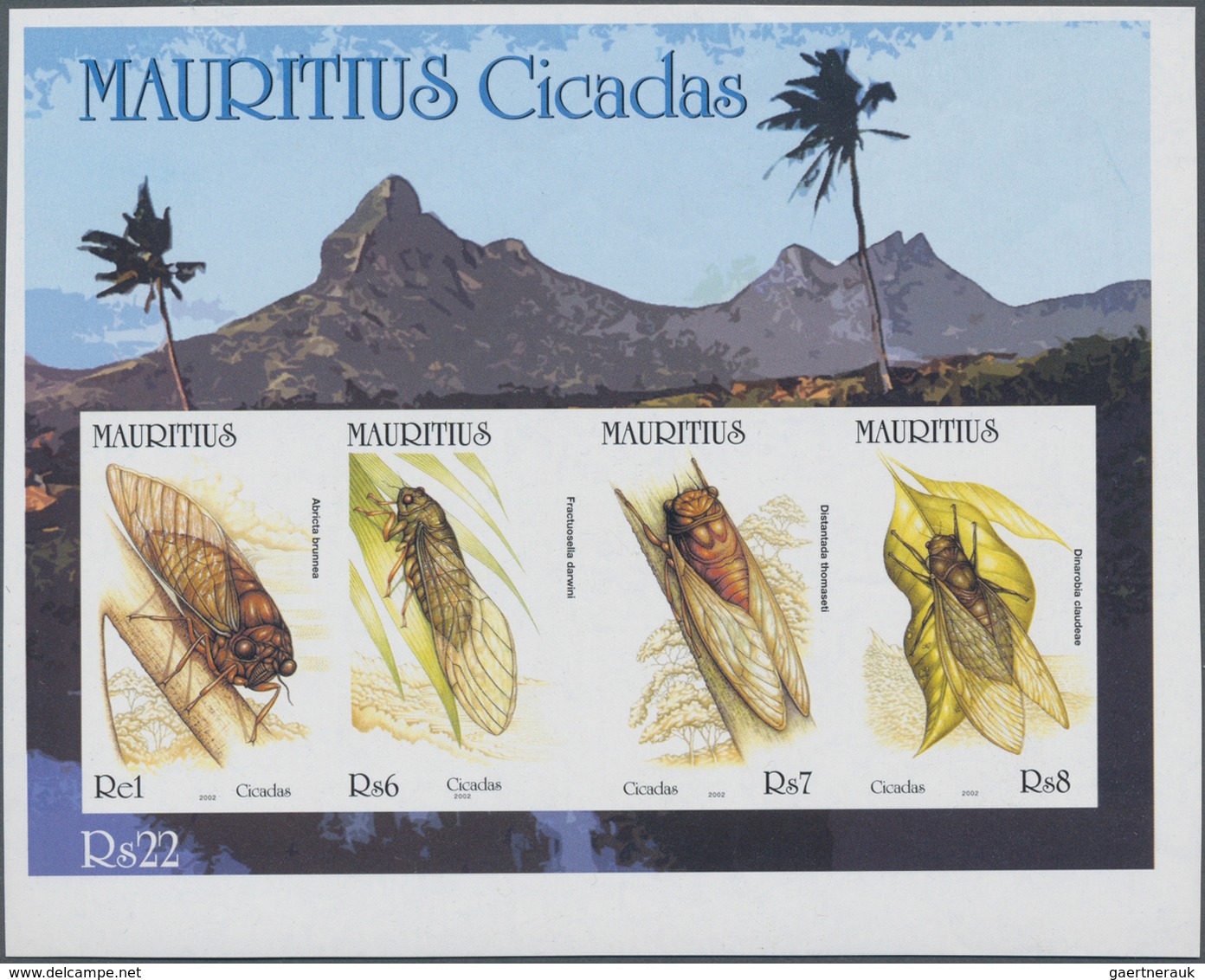 Mauritius: 2002, Cicadas Complete Set Of Four In Horizontal IMPERFORATE Pairs And The Imperforate Mi - Mauritius (...-1967)