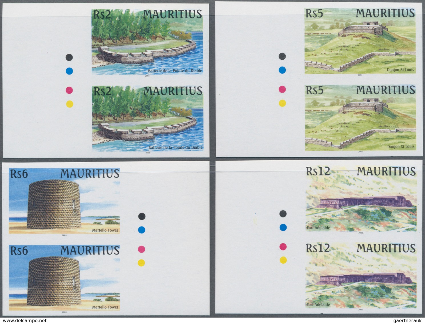 Mauritius: 2003, Fortresses Complete Set Of Four In Vertical IMPERFORATE Pairs From Margins, Mint Ne - Mauritius (...-1967)
