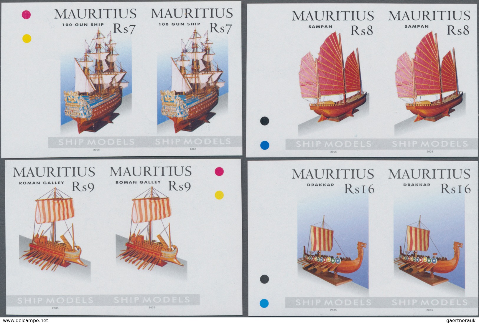 Mauritius: 2005, Ship Models Complete Set Of Four In Horizontal IMPERFORATE Pairs From Left Or Right - Mauritius (...-1967)