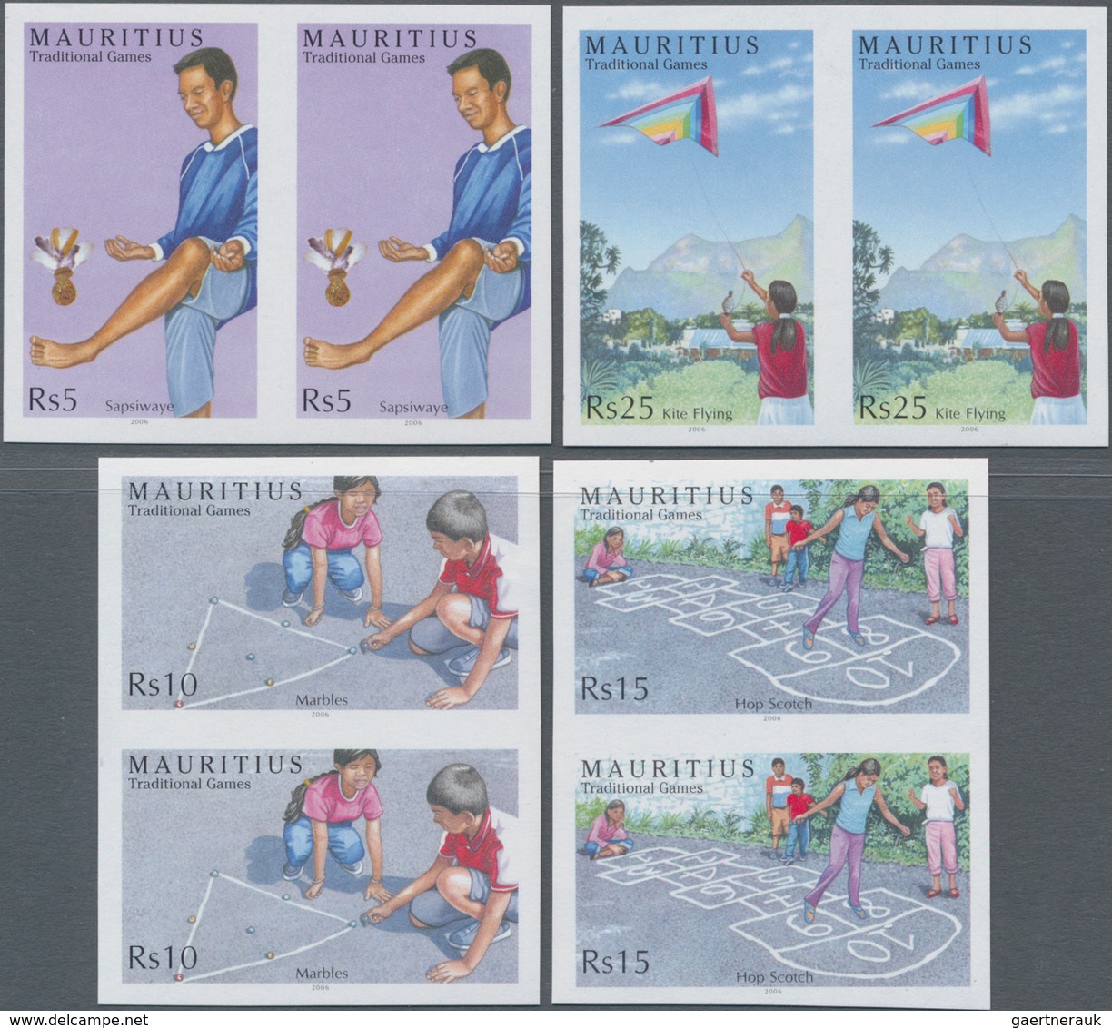 Mauritius: 2006, Children's Games Complete Set Of Four (Sapsiwaye, Kite Flying, Marbles And Hop Scot - Mauritius (...-1967)
