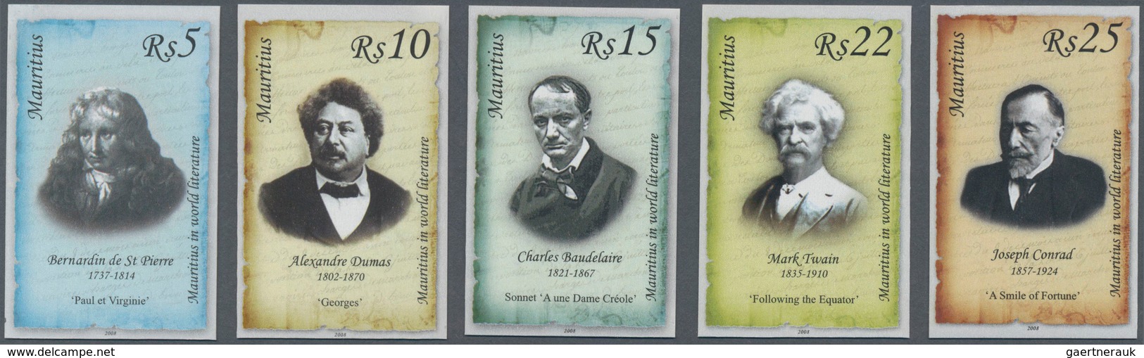 Mauritius: 2008. Complete Set "Writers" (5 Vakues) In IMPERFORATE Single Stamps Showing B. De St Pie - Mauritius (...-1967)