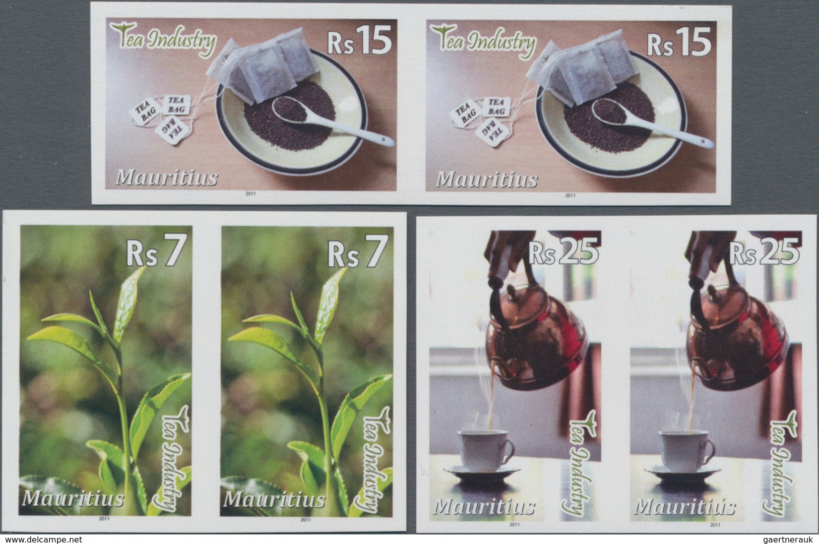 Mauritius: 2011, Tea Industry Part Set Of Three (tea Twig, Leaves And Cup Of Tea) In Horizontal IMPE - Mauritius (...-1967)
