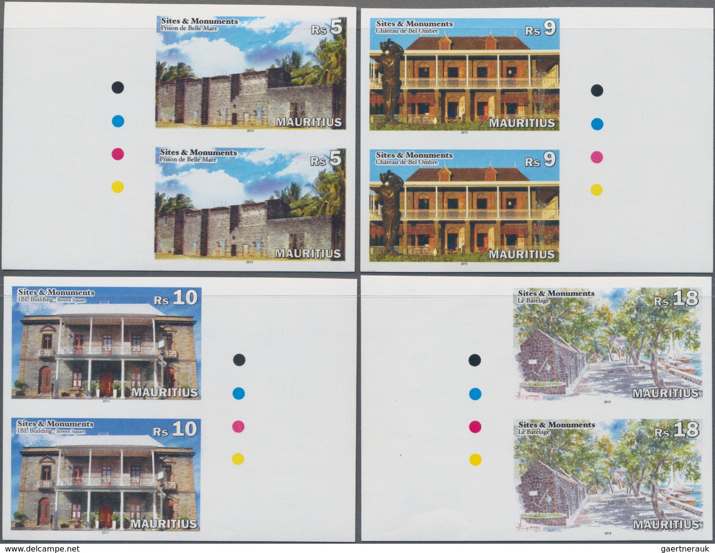 Mauritius: 2013, Sites And Monuments Complete Set Of Four In Vertical IMPERFORATE Pairs From Left Or - Mauricio (...-1967)