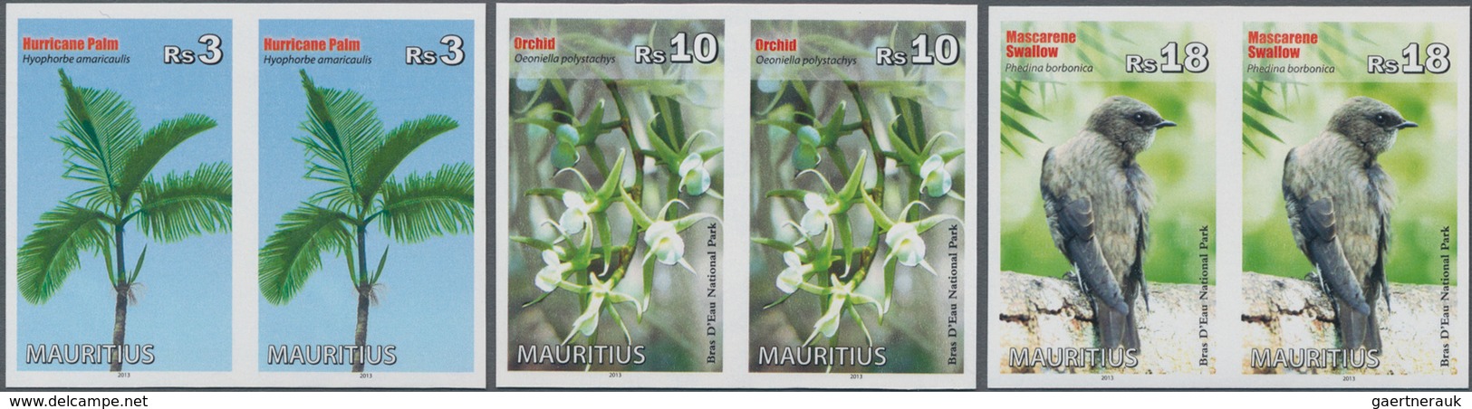 Mauritius: 2013, Natural Reserve Complete Set Of Three (Hurricane Palm, Orchid And Mascarene Swallow - Mauritius (...-1967)