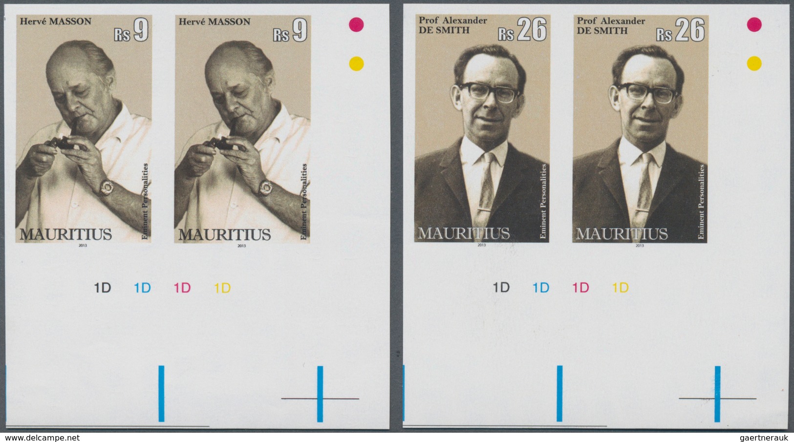 Mauritius: 2013, Personalities Complete Set Of Two In Horizontal IMPERFORATE Pairs From Lower Right - Mauritius (...-1967)
