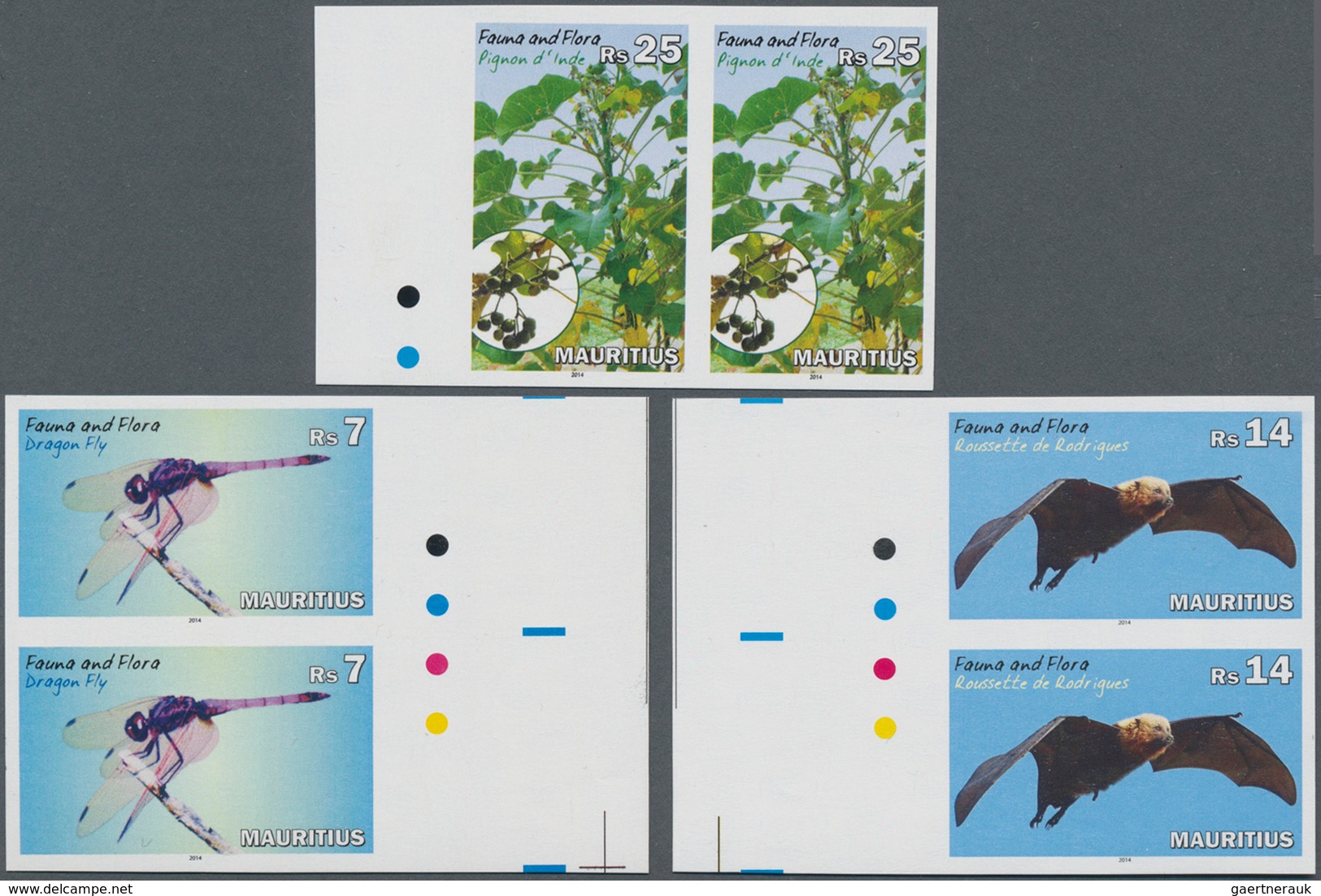 Mauritius: 2014, Natural Reserve Complete Set Of Three (Dragon Fly, Flying Fox And Jatropha) In Hori - Mauritius (...-1967)
