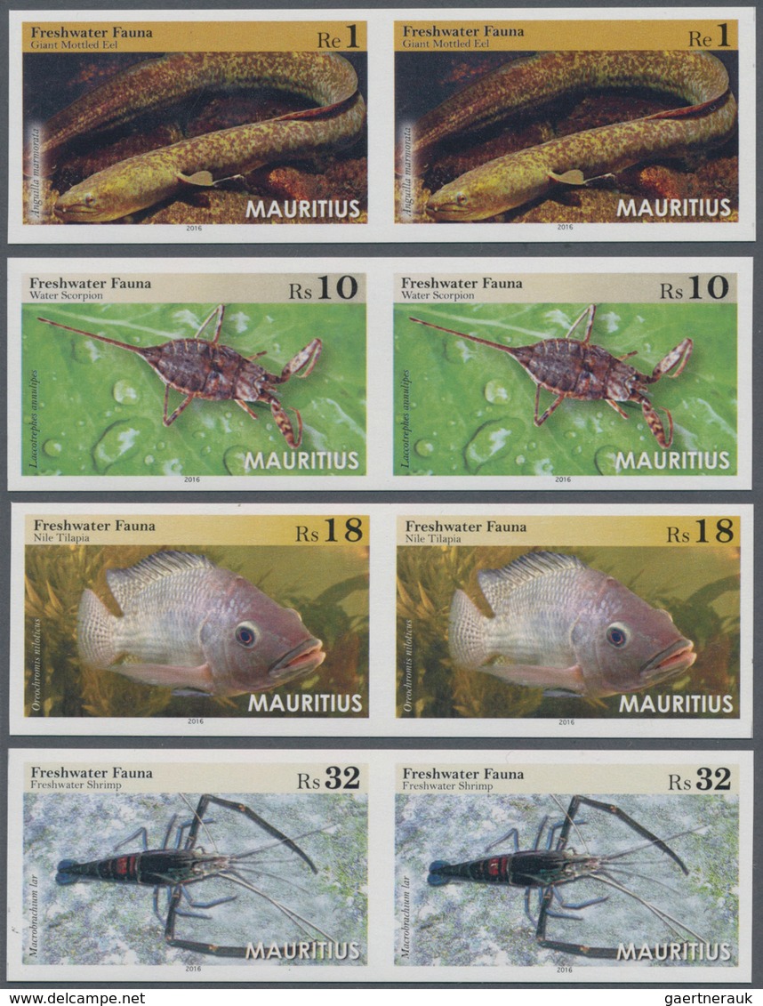 Mauritius: 2016, Freshwater Animals Complete Set Of Four (Giant Mottled Eel, Water Scorpion, Nile Ti - Mauritius (...-1967)