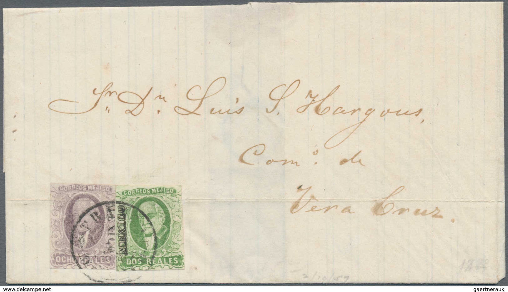 Mexiko: 1857 Folded Cover From Mexico City To Very Cruz Franked By 1856 8r. Lilac And 2r. Green Both - Mexiko