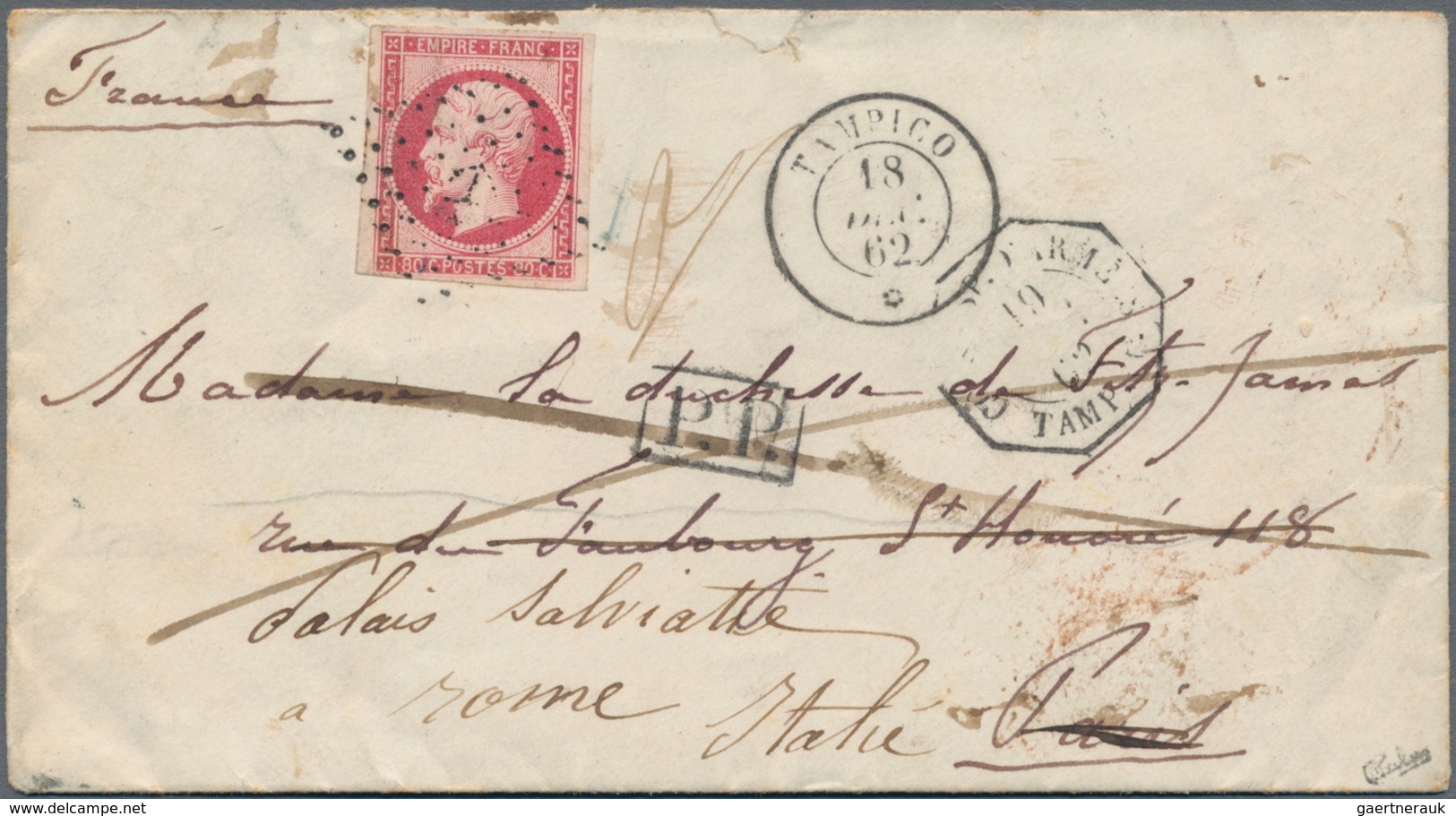 Mexiko: 1862 Cover Sent From Tampico To Paris, And Re-directed To Italy, Franked By French 1853-61 N - Mexico