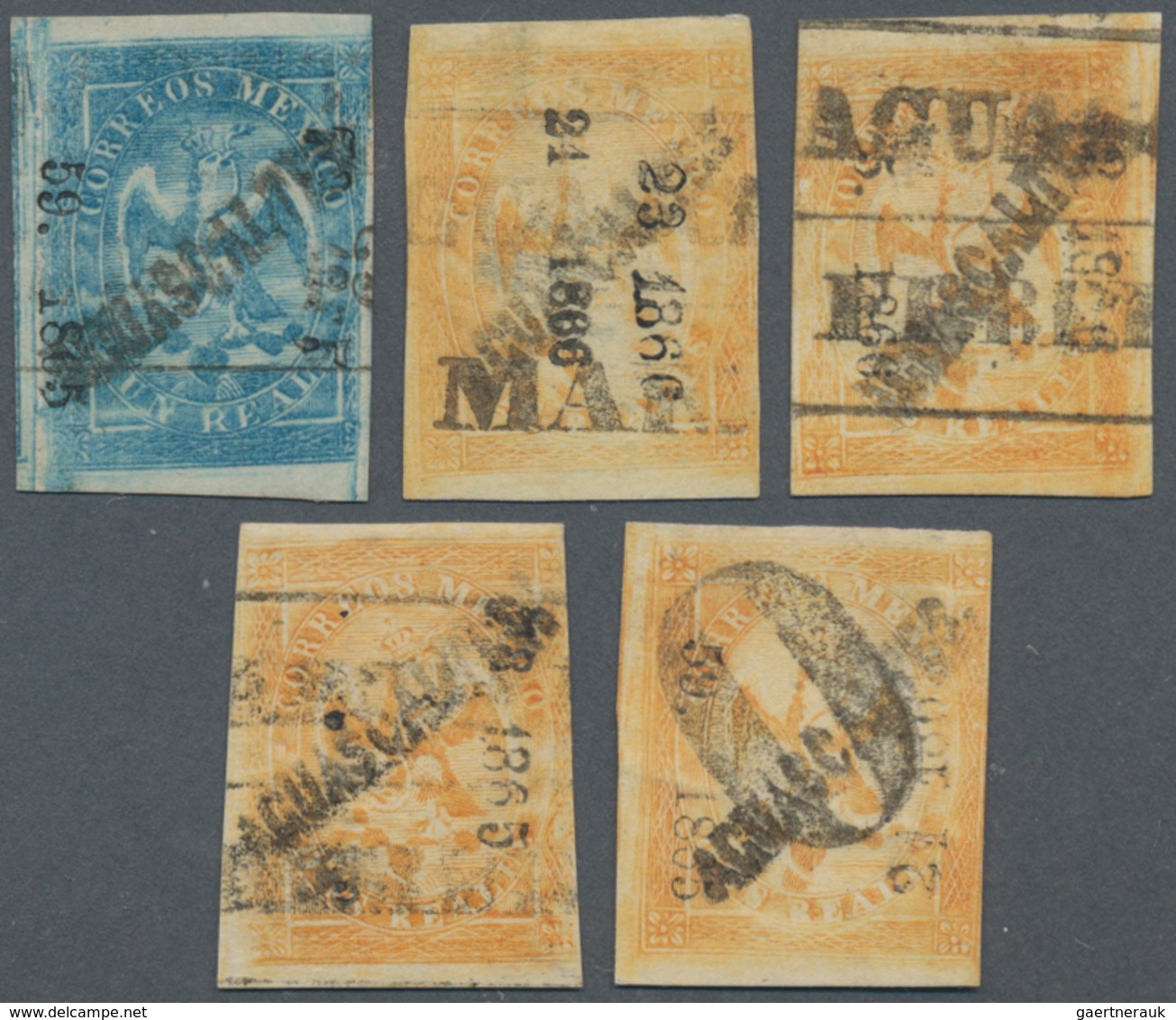 Mexiko: 1865/66, 5 Stamps 1 And 2R Adler With Numbers From Zacatecas And Sub-numbers From Aguascalie - Mexiko