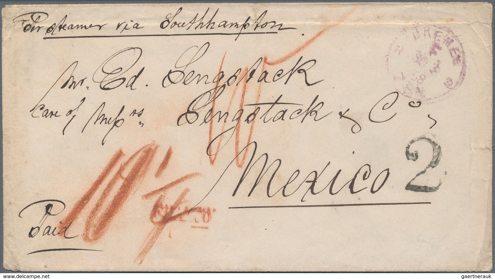 Mexiko: 1868 Incoming Mail: Stampless Envelope With Tax-cancel "2" And M/s "10¼" + Violett Franco-cd - Mexiko