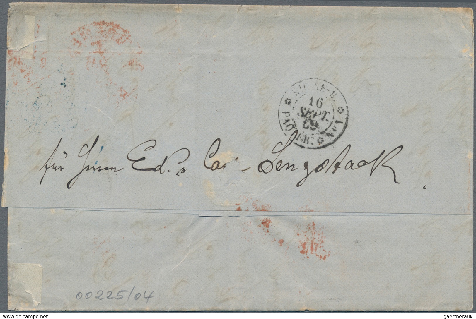 Mexiko: 1869 Incoming Mail: Stampless Folded Entire Letter With Tax-cancel "4" And M/s "9" + Red Fra - Mexico