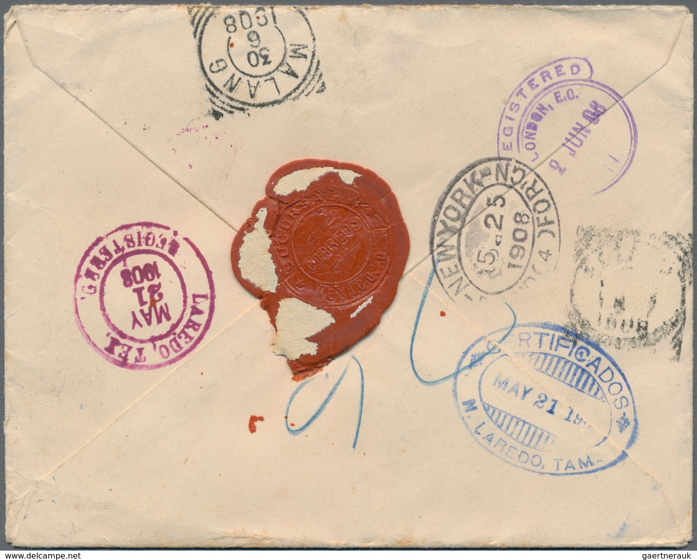 Mexiko: 1908, 20 C. Tied Smudged "MEXICO DF 18 MAY 08" To Registered Cover Via New York And London T - Mexico