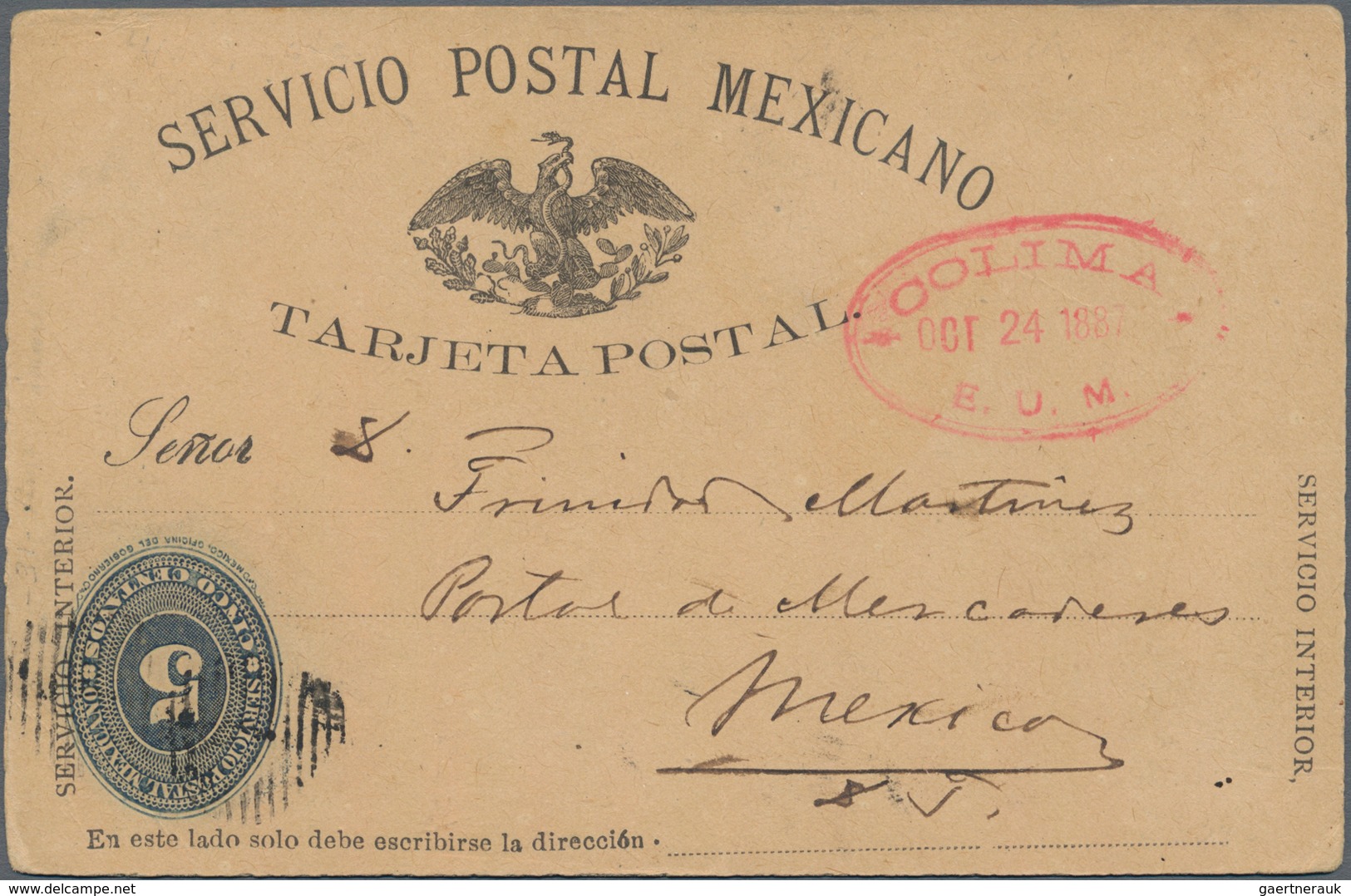 Mexiko - Ganzsachen: 1887, Commercially Used Postal Stationery Card With Stamp Inverted In LLC Blue - Mexiko