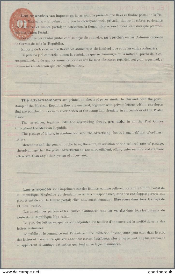 Mexiko - Ganzsachen: 1892, Numeral 10c. Embossed Oval On Printed Lettersheet With Advertisment For D - Mexico