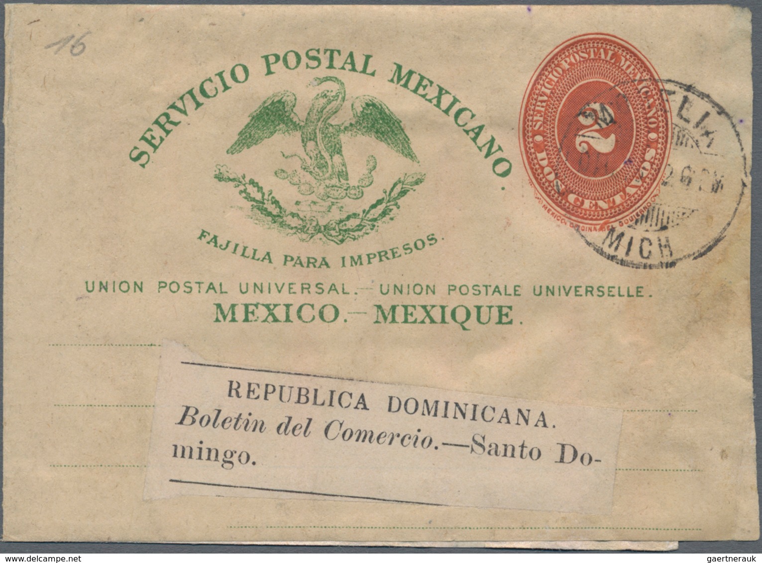 Mexiko - Ganzsachen: 1892, Commercially Used Wrapper 2 Centavos Carmine With Green Printing Sent Fro - Mexico