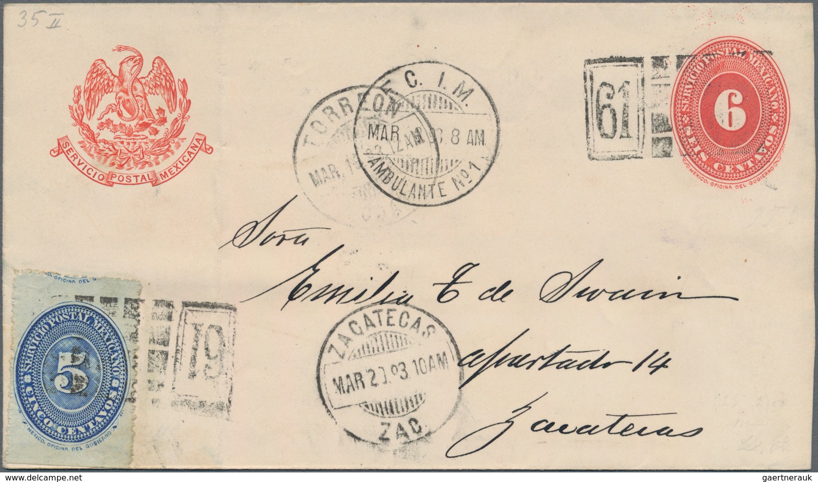 Mexiko - Ganzsachen: 1893, Commercially Used Uprated Postal Stationery Envelope 6 Centavos Carmine F - Mexico