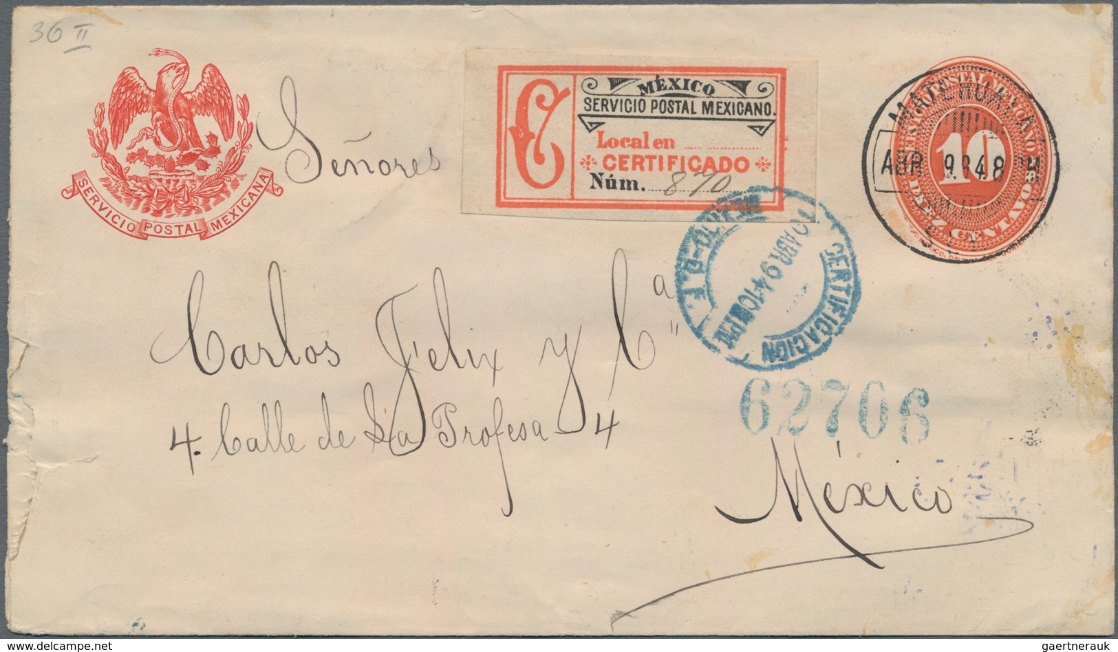 Mexiko - Ganzsachen: 1894, Commercially Used Postal Stationery Envelope 10 Centavos Carmine, Sent By - Mexico