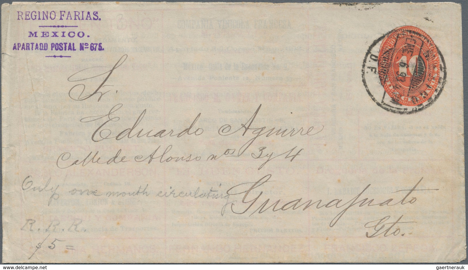 Mexiko - Ganzsachen: 1895(ca.), Commercially Used Postal Stationery Envelope 10 Centavos Carmine On - Mexico