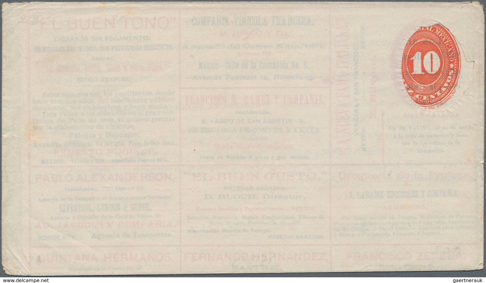 Mexiko - Ganzsachen: 1895(ca.), Unused Postal Stationery Envelope 10 Centavos Carmine On An Inner Sh - Mexico