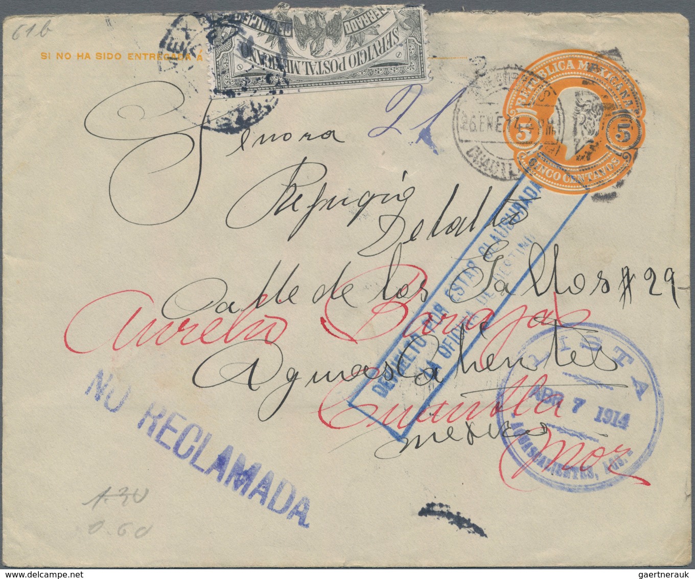 Mexiko - Ganzsachen: 1914, Two Commercially Used Postal Stationery Envelopes 5 Centavos Yellow Hidal - Mexico