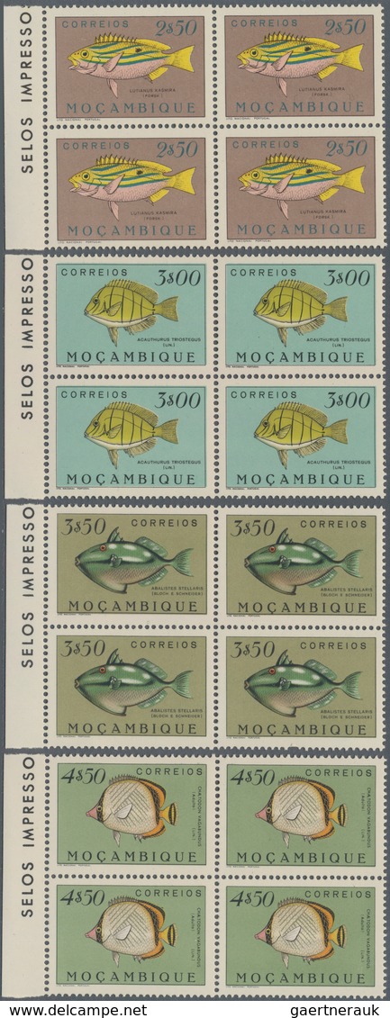 Mocambique: 1951, Fishes, 24 values complete mint never hinged, many in blocks of four. Rare set! Mi