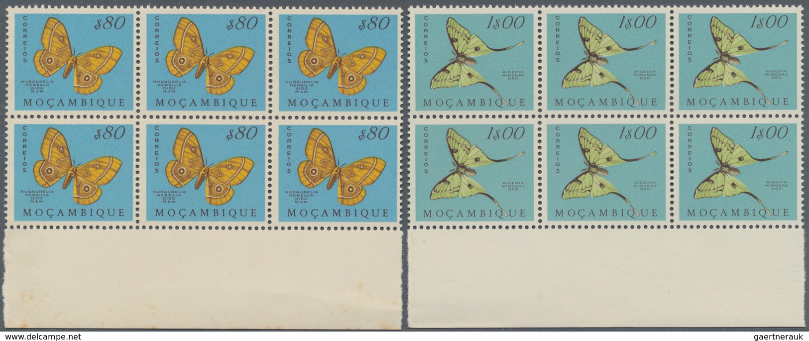 Mocambique: 1953, butterflies, 20 values in blocks of six mint never hinged. Rare set! Michel catalo