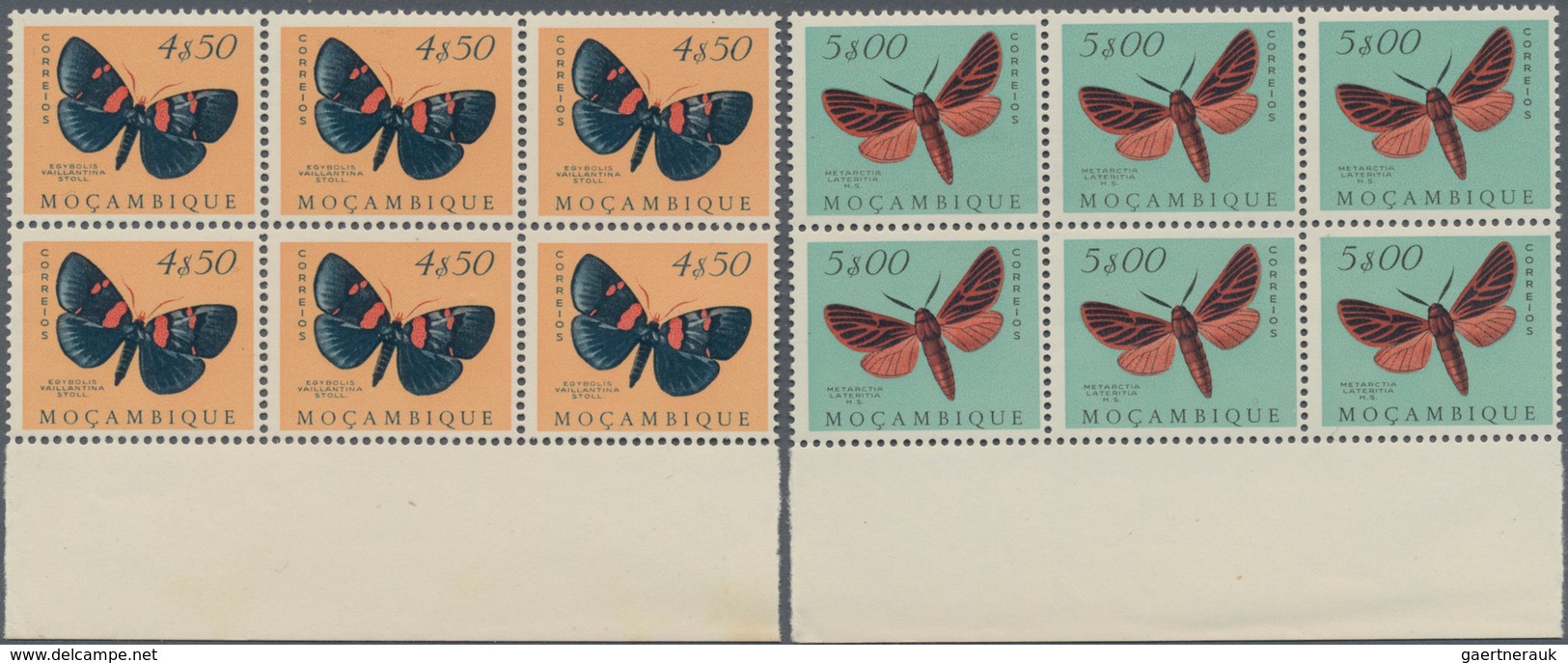 Mocambique: 1953, butterflies, 20 values in blocks of six mint never hinged. Rare set! Michel catalo