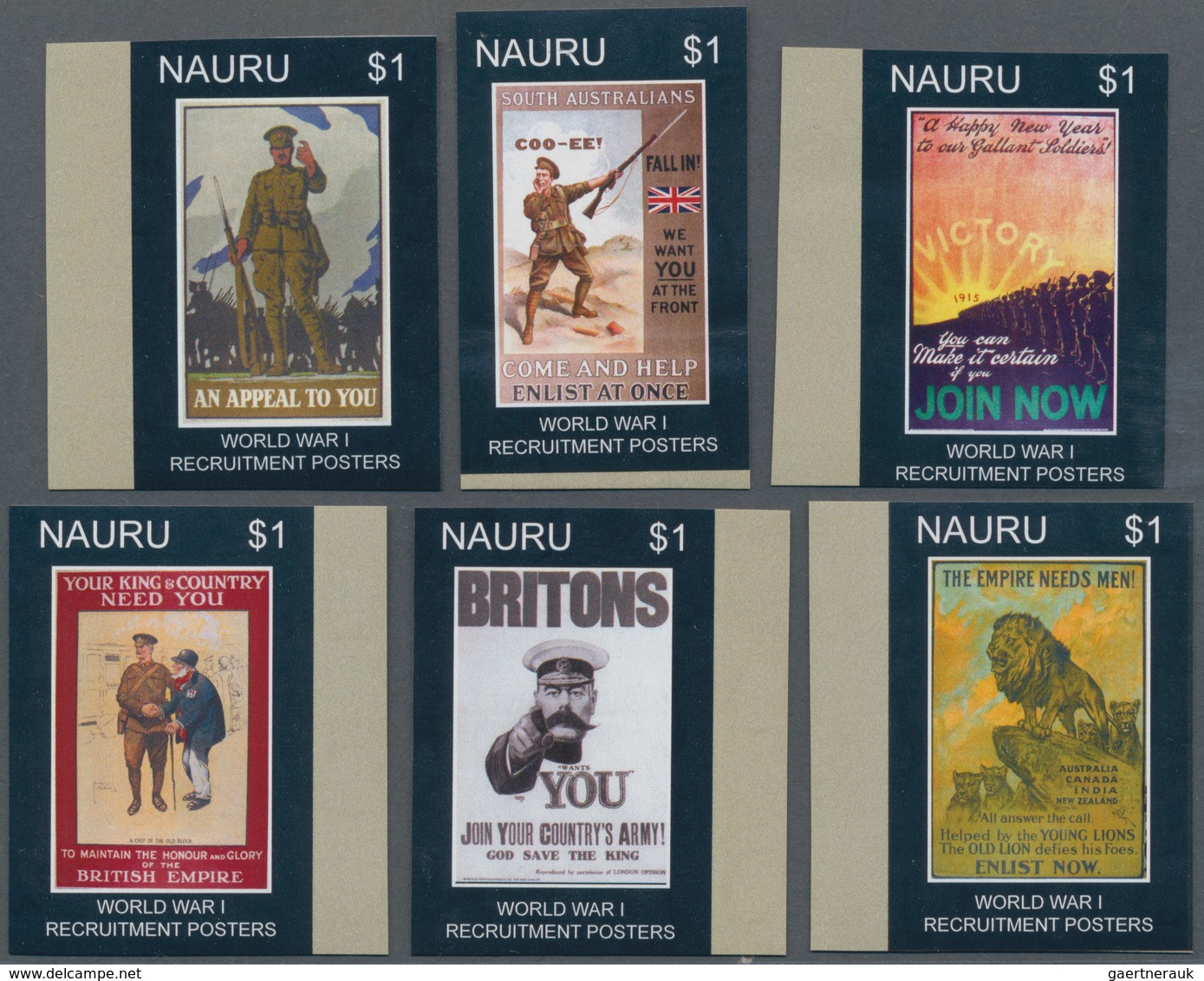 Nauru: 2008, 90 Years End Of WWI Complete IMPERFORATE Set Of Six From Different Margins (one Stamp H - Nauru