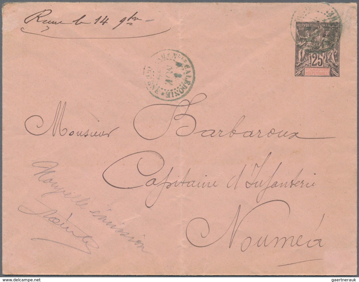 Neukaledonien: 1894, 25 C Black/red On Rose Postal Stationery Envelope, Used With Double Circle Date - Briefe U. Dokumente