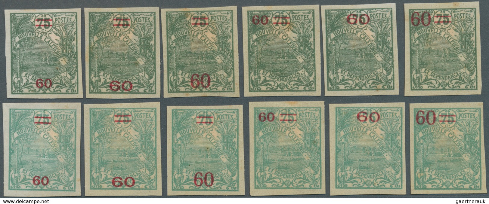 Neukaledonien: 1924, Revaluation Overprints, 60c. On 75c., Group Of Twelve Imperforate Proofs On Ung - Lettres & Documents