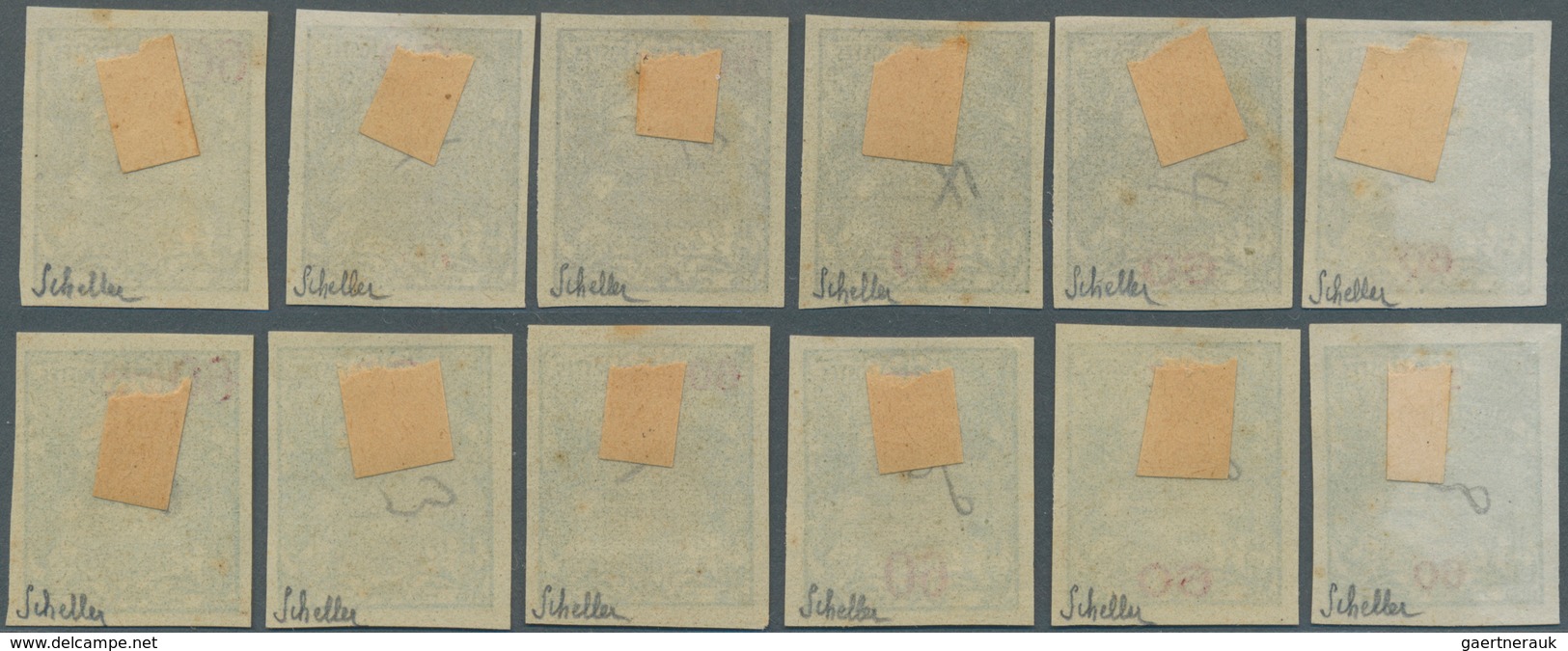 Neukaledonien: 1924, Revaluation Overprints, 60c. On 75c., Group Of Twelve Imperforate Proofs On Ung - Lettres & Documents