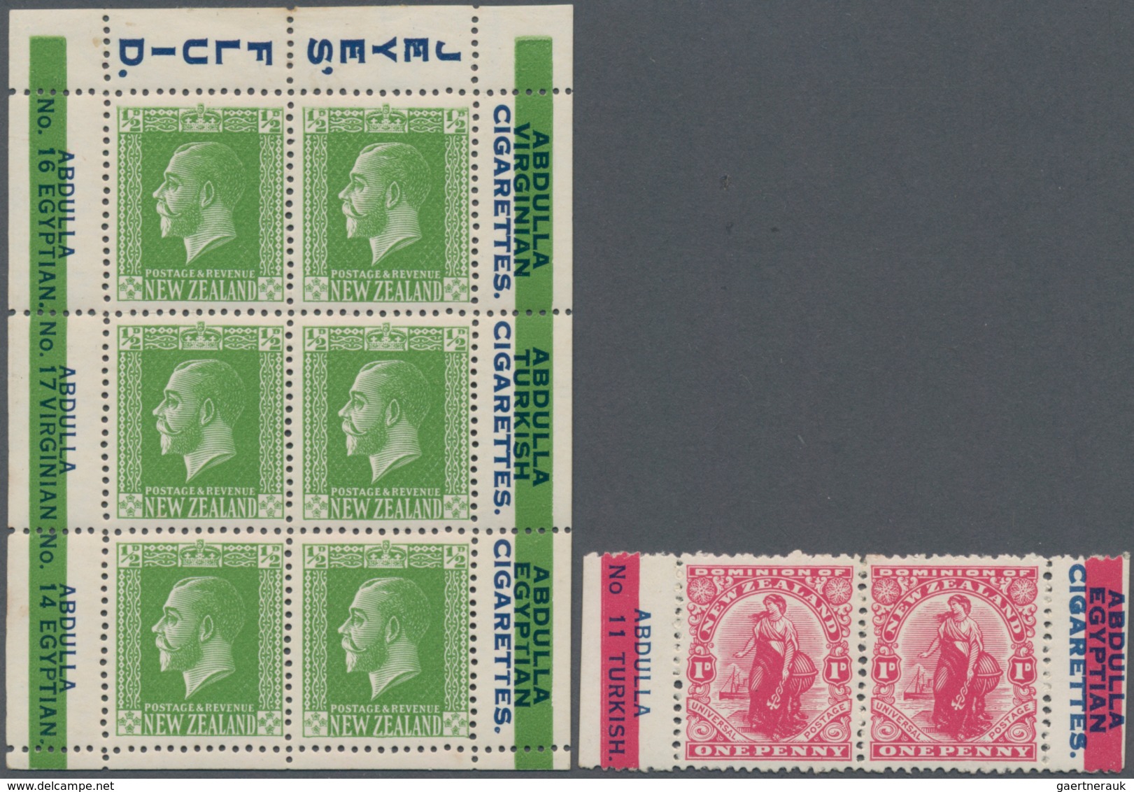 Neuseeland: 1925/1927, KGV ½d. Green Booklet Pane Of Six With Bars And Advertisments In Margins And - Covers & Documents