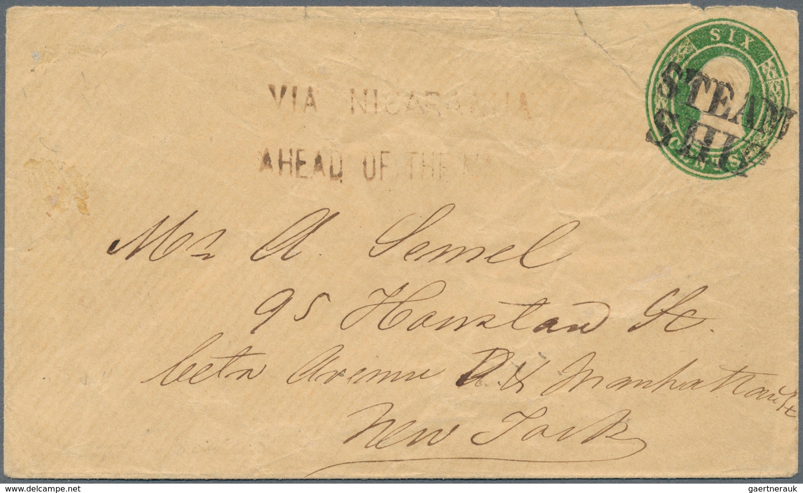 Nicaragua: 1854, US 6.c Green Postal Stationery Envelope Tied By Doubleline "STEAM / SHIP" And "VIA - Nicaragua