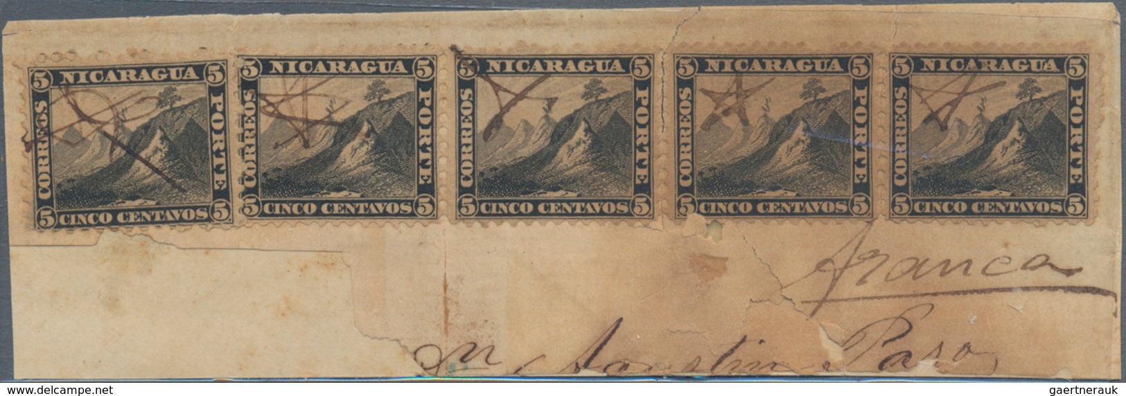 Nicaragua: 1862 5c. Black, Strip Of Three And Two Singles Used On Small Piece Of Cover, All Cancelle - Nicaragua