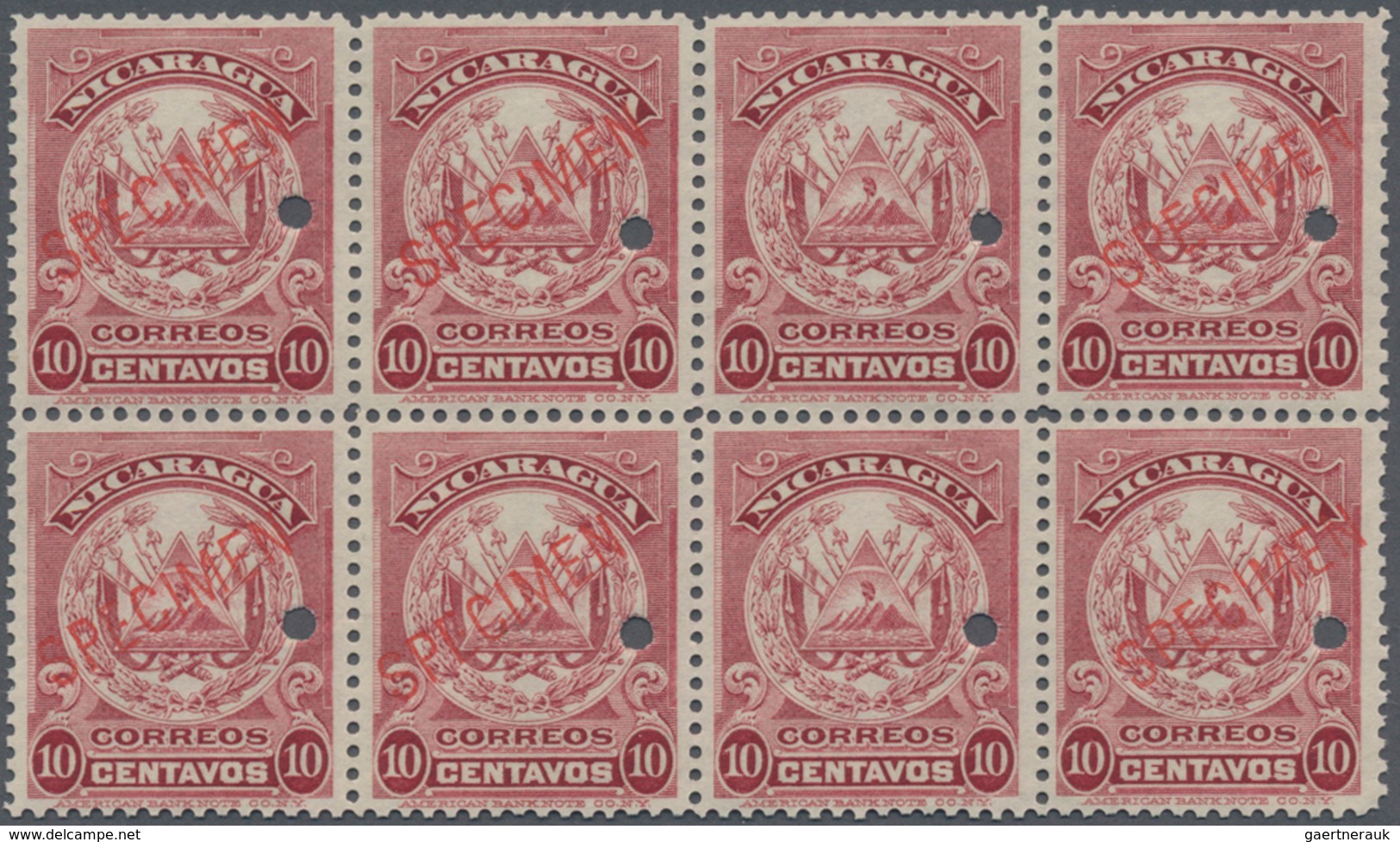 Nicaragua: 1909, Coat Of Arms 10c. Lilac-carmine (American Bank Note Co.) Block Of Eight All With Pu - Nicaragua