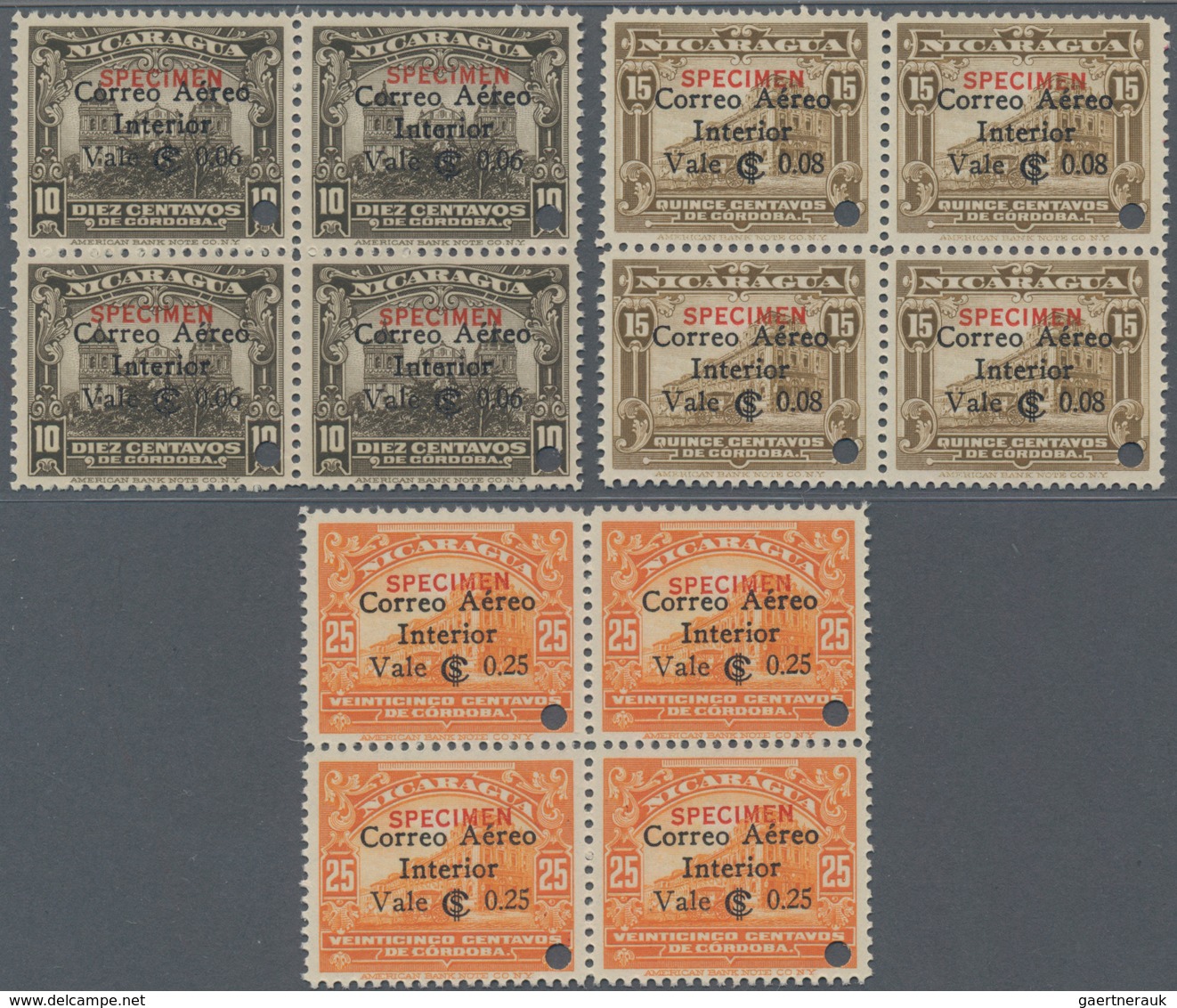 Nicaragua: 1933, Definitives Three Different Stamps 6 On 10c. Dark Brown, 8 On 15c. Olive Brown And - Nicaragua