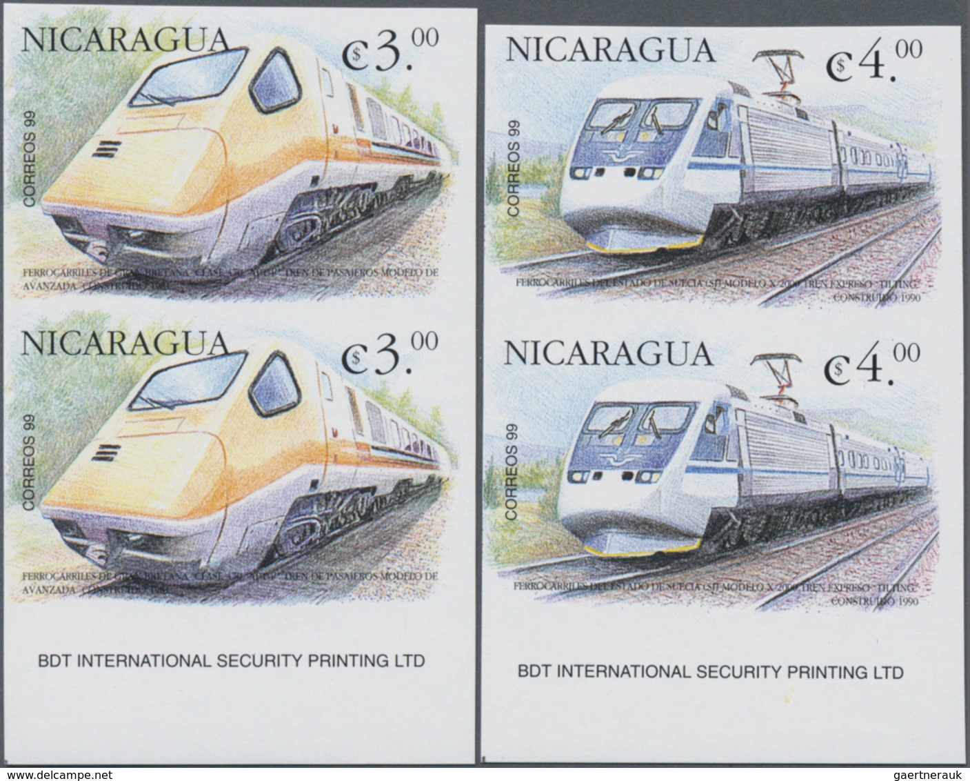 Nicaragua: 2000, Locomotives Of The World Complete Set Of Four In Vertical IMPERFORATE Pairs From Lo - Nicaragua