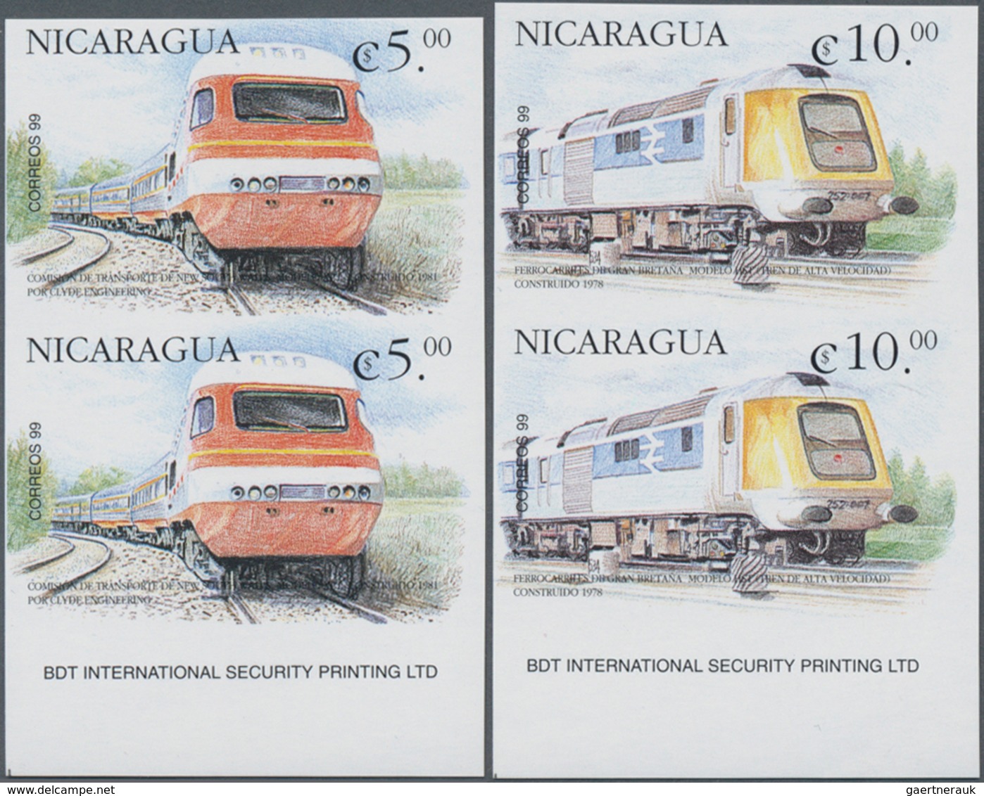 Nicaragua: 2000, Locomotives Of The World Complete Set Of Four In Vertical IMPERFORATE Pairs From Lo - Nicaragua