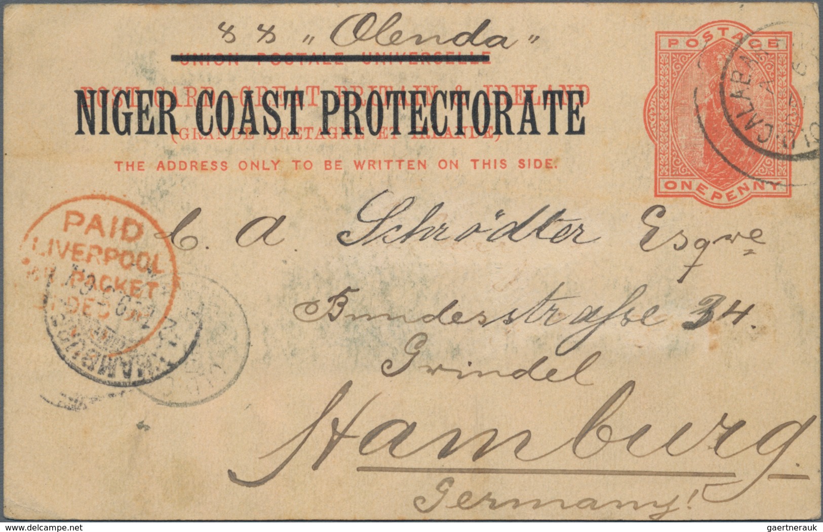 Nigerküste: 1898, Stationery Card 1 P. Red, H&G P3, Sent From OLD CALABAR DE/6 1898 With SS Olenda V - Sonstige & Ohne Zuordnung