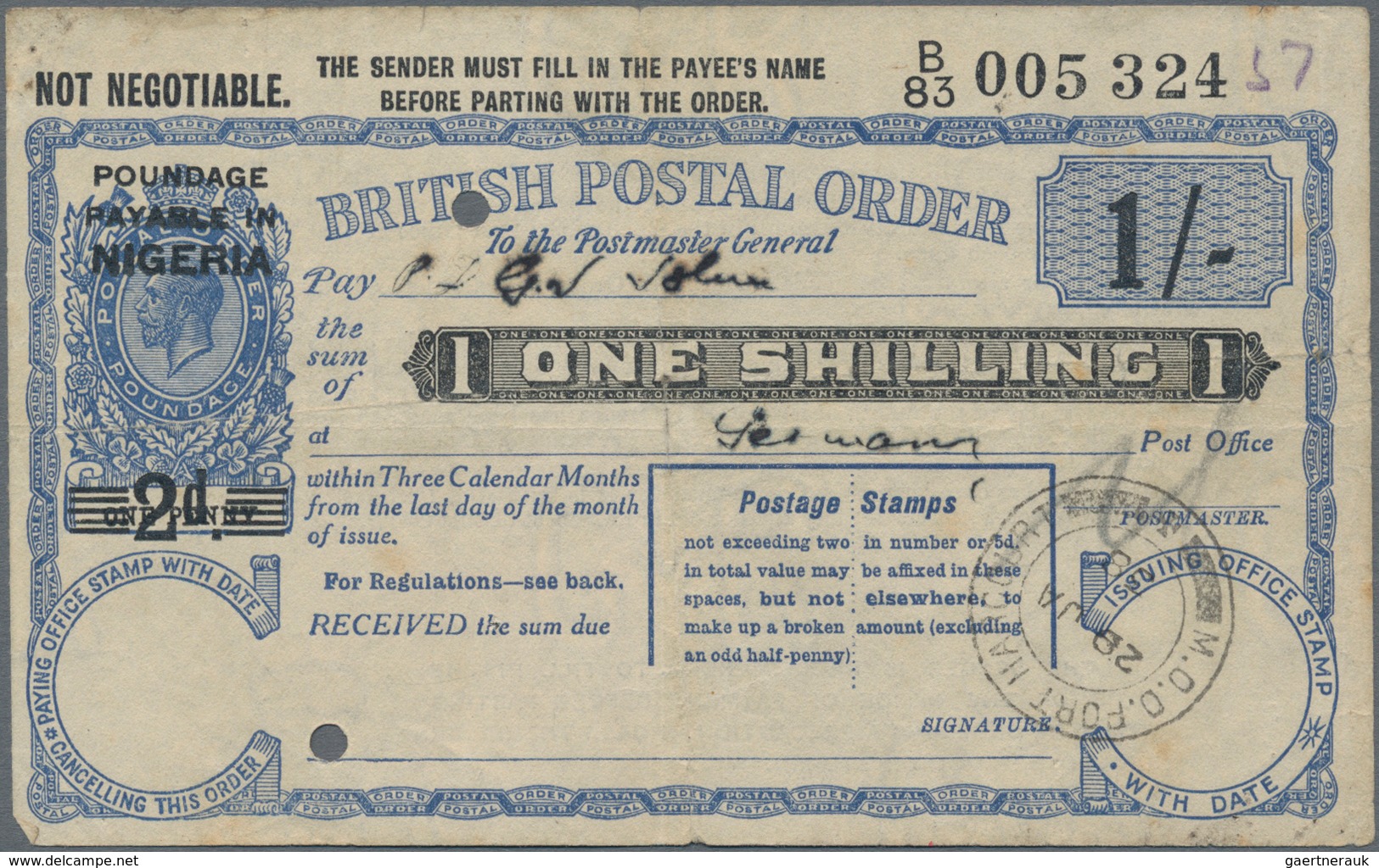 Nigeria: 1938, Commercially Used Revalued Postal Money Order 2 D. Black On One Penny Blue With Surch - Nigeria (...-1960)