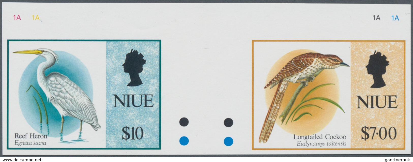Niue: 1993, Birds Set Of Two $7 Reef Heron And $10 Longtailed Cockoo In An IMPERFORATE Horizontal Gu - Niue