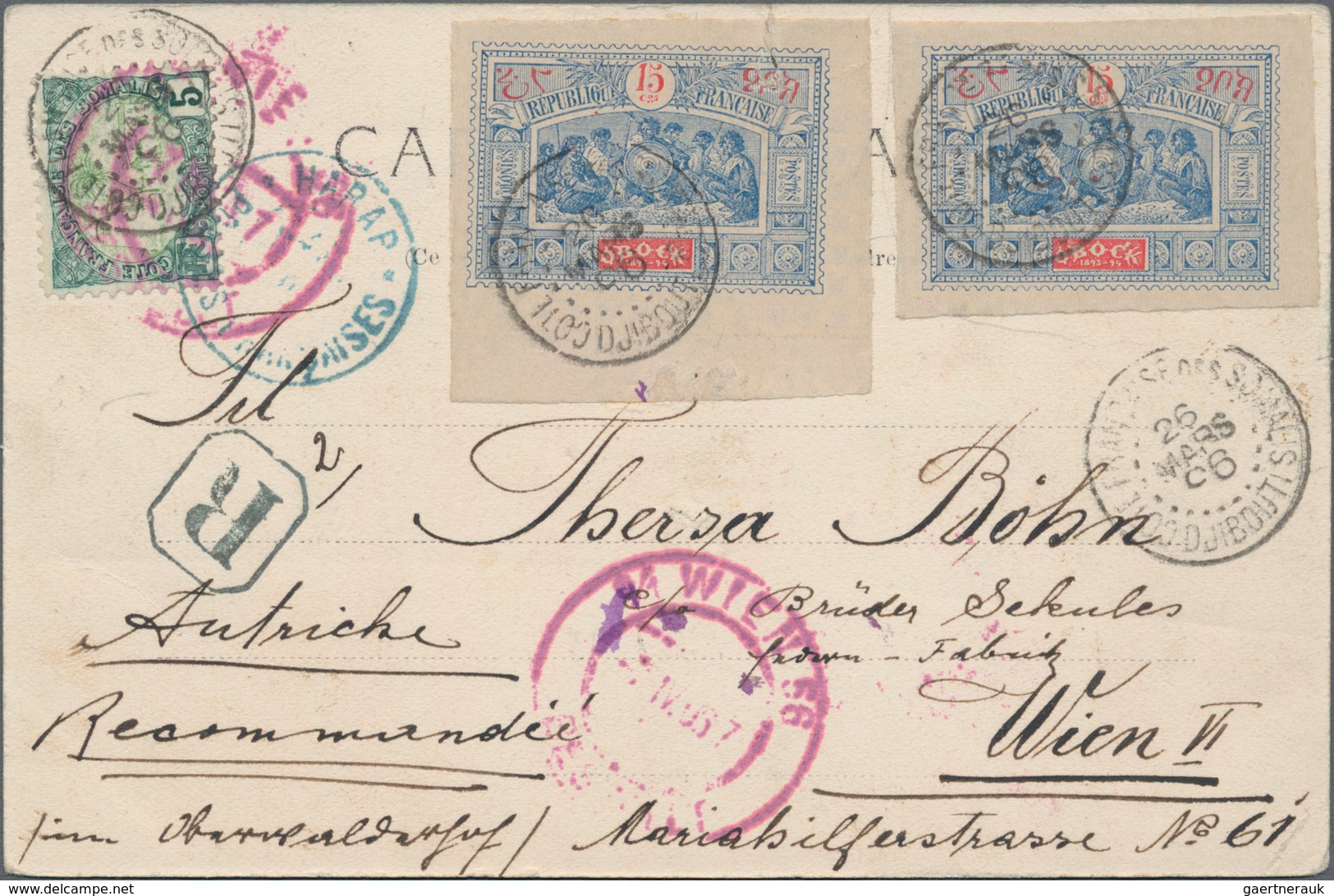 Obock: 1896, 15 Cs. (2, One Torn) Canc. "DJIBOUTI 26 MARS 96" With French Somali Coast 5 C. Green Ti - Other & Unclassified