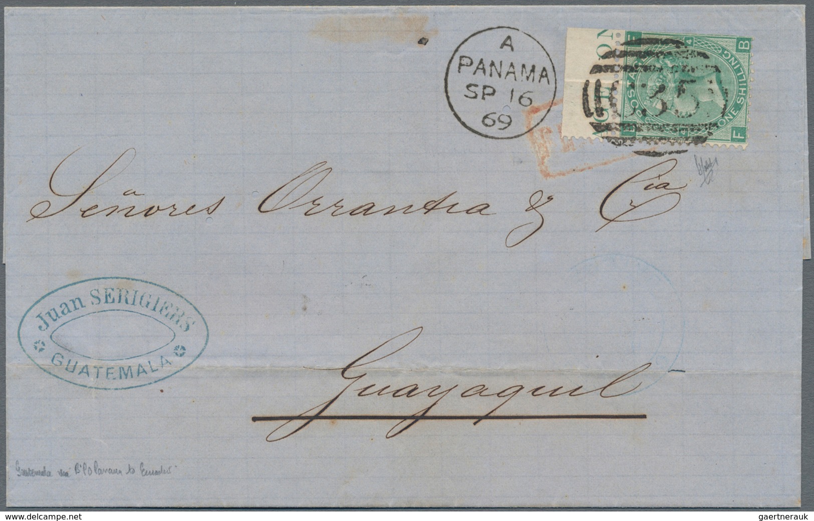 Panama: 1869 British Numeral "C35" Of Panama Tying GB 1867 1s. Green (sheet Margin With Part Inscr. - Panama
