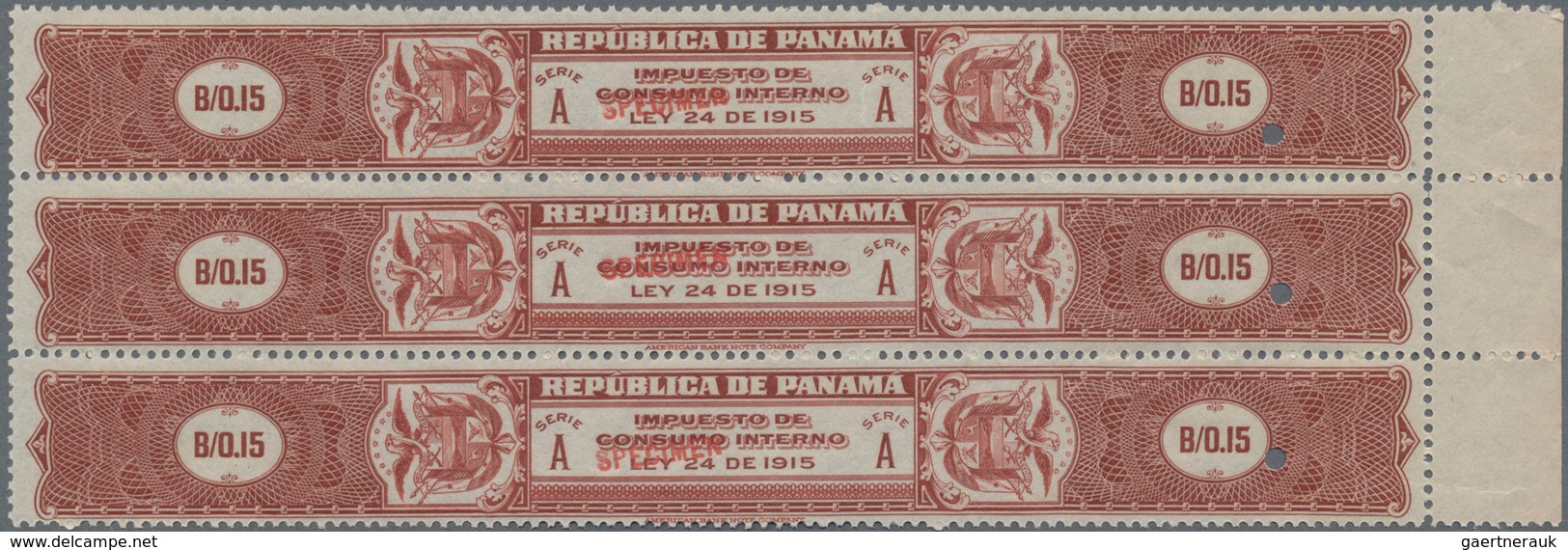 Panama: 1915, Revenue Stamps 'IMPUESTO DE CONSUMO INTERNO' (domestic Consumption) B/0.15 Red-brown ( - Panama